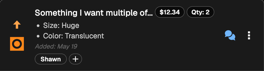 An item with quantity = 2 that is partially claimed but confusing because the checkbox is orange with a circle inside