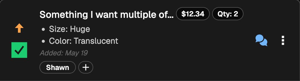 A claimed item with quantity = 2 and the checkbox is green with a check in it